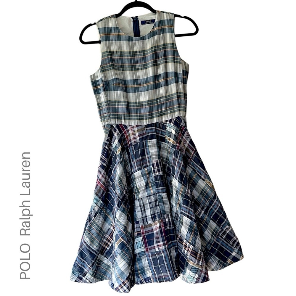POLO RALPH LAUREN NWOT SLEEVELESS MADRAS FIT & FLARE DRESS COTTON PATCHWORK SZ 0